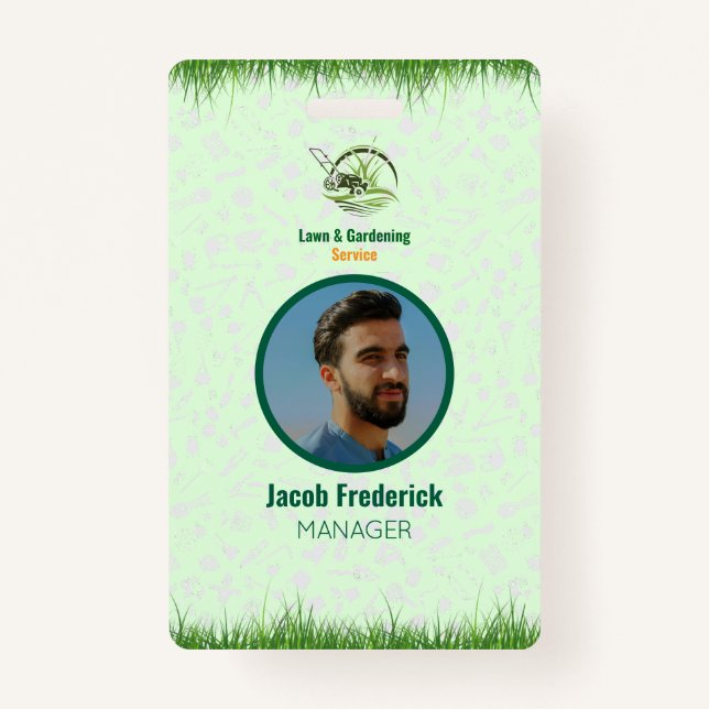 Professional White and Green Lawn Care ID Badge (Front)