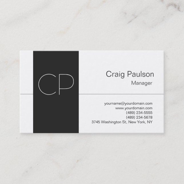 Professional White Grey Monogram Business Card (Front)