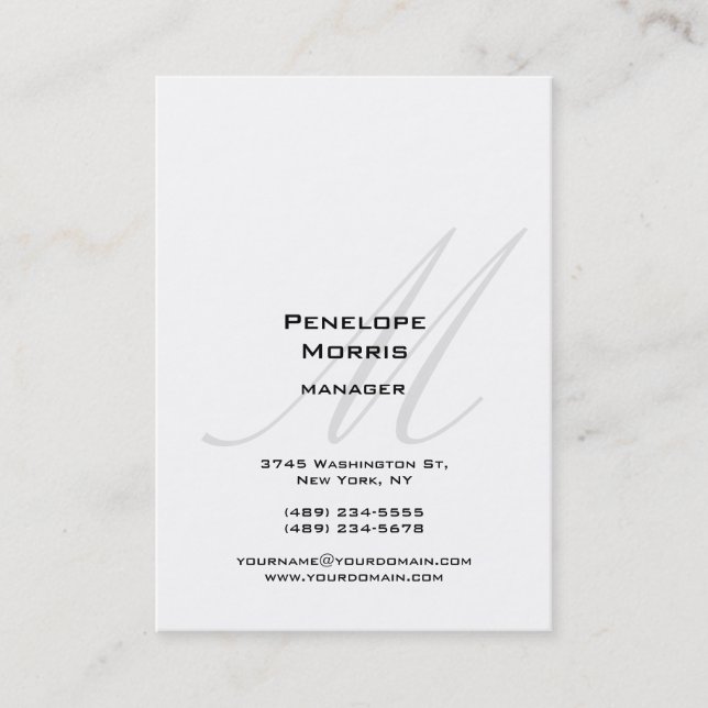 Professional White Grey Monogram Plain Modern Business Card (Front)