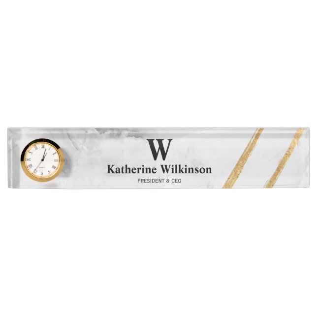 Professional White Marble Gold Monogram Nameplate (Front)