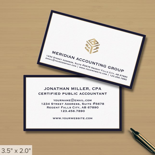 Professional White Navy Blue Border Business Card (Creator Uploaded)