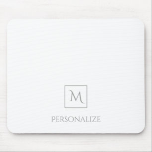 Professional White With Simple Grey Monogram Name Mouse Pad
