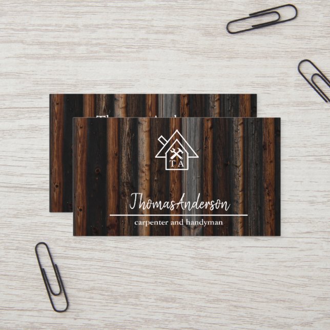 Professional Wood Construction Handyman Carpenter  Business Card (Front/Back In Situ)