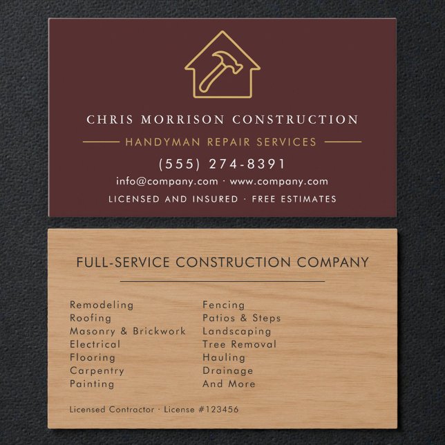 Professional Wood Grain Burgundy Handyman Business Card (Creator Uploaded)