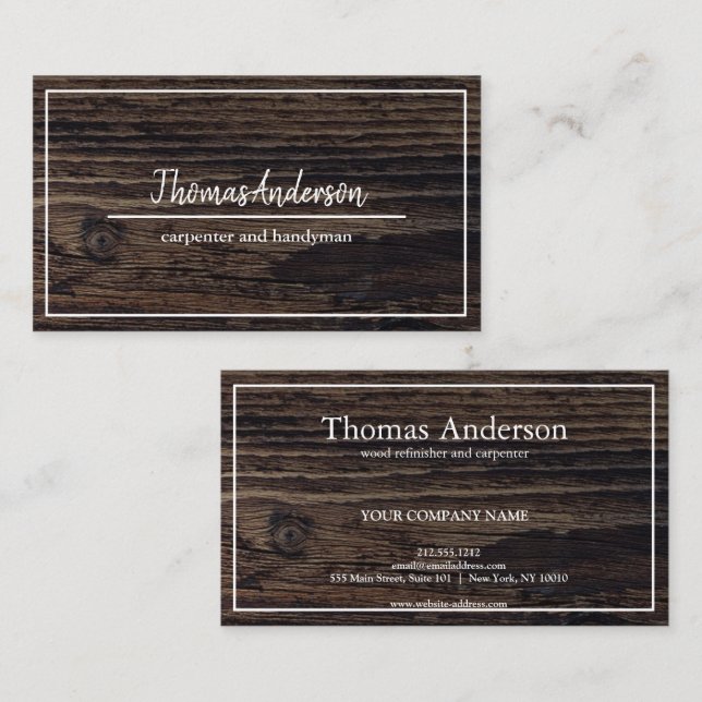 Professional Wood Grain Rustic Carpentry Business Card (Front/Back)