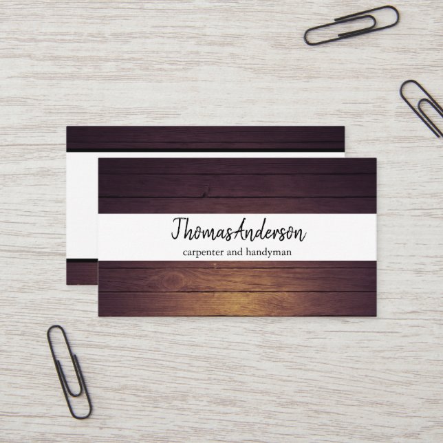 Professional Wood Grain Rustic Carpentry Business Card (Front/Back In Situ)