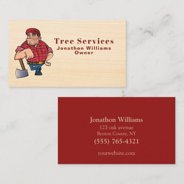 Professional Wood Tree Trim Service Cartoon guy Business Card (Front/Back)