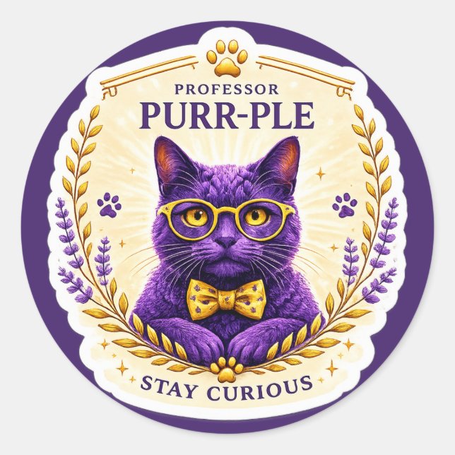 Professor Purr-Ple™ – Stay Curious Sticker (Front)