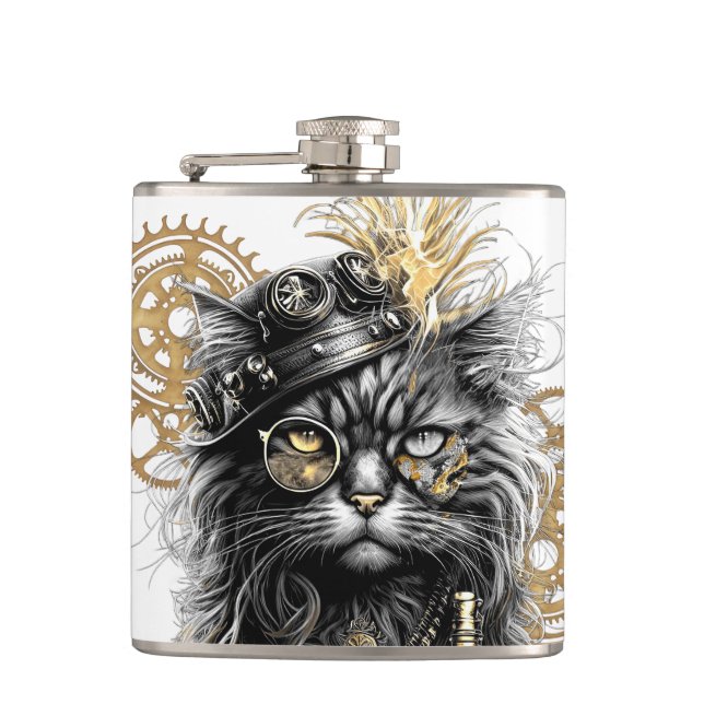 Professor Sprocket-Paws  The Funky Steampunk Cat  Hip Flask (Front)