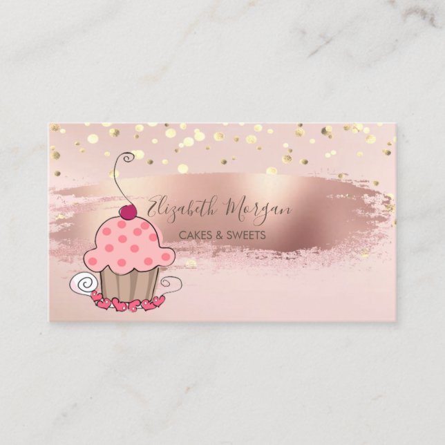 Professsional,Gold Confetti, Brush Stroke Cupcake Business Card (Front)