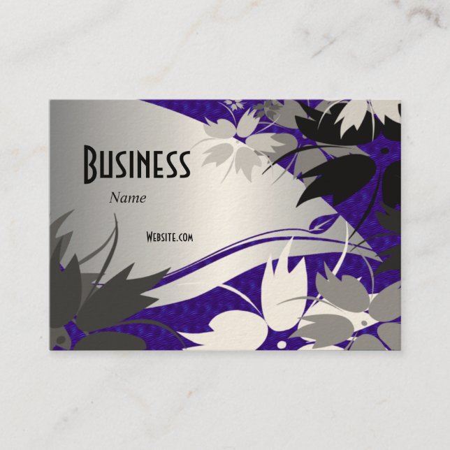 Profile Business Card Black Silver Blue Floral (Front)