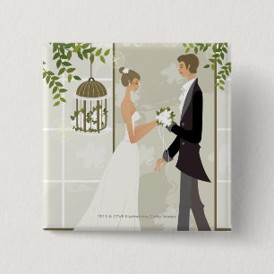 Profile of a man giving flowers to a woman 15 cm square badge