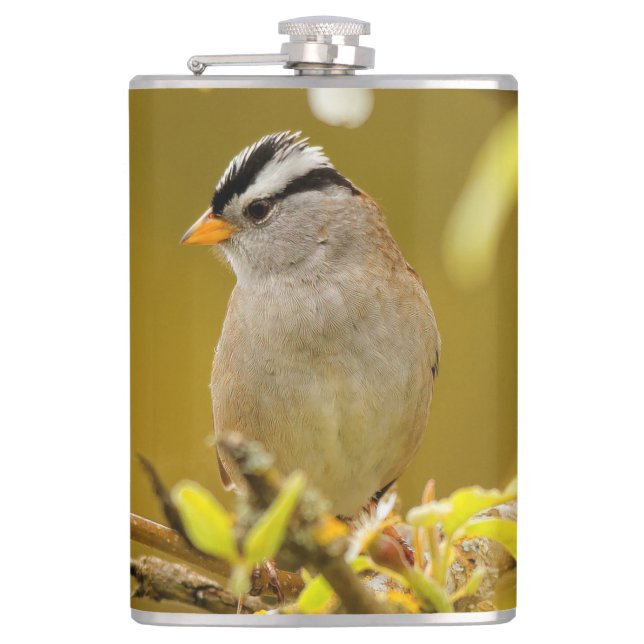 Profile of a Pensive White-Crowned Sparrow Hip Flask (Front)