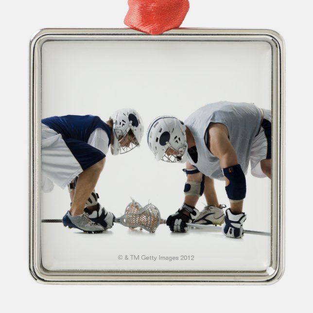Profile of two young men playing lacrosse metal tree decoration (Front)