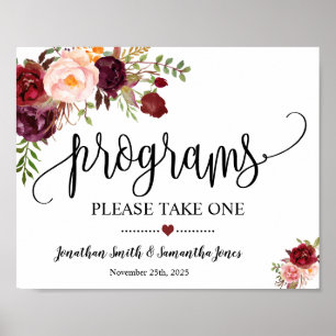Progams sign wedding ceremony boho marsala floral