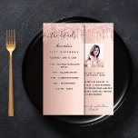 Program birthday rose gold photo fun facts rack card<br><div class="desc">Birthday party program, timeline. Personalise and add a name, age, date and the details. Rose gold faux metallic looking background, decorated with drips. Black coloured letters. If you have a lot of text on the front you can reduce the line spacing. Back: add a photo of the birthday girl, fun...</div>
