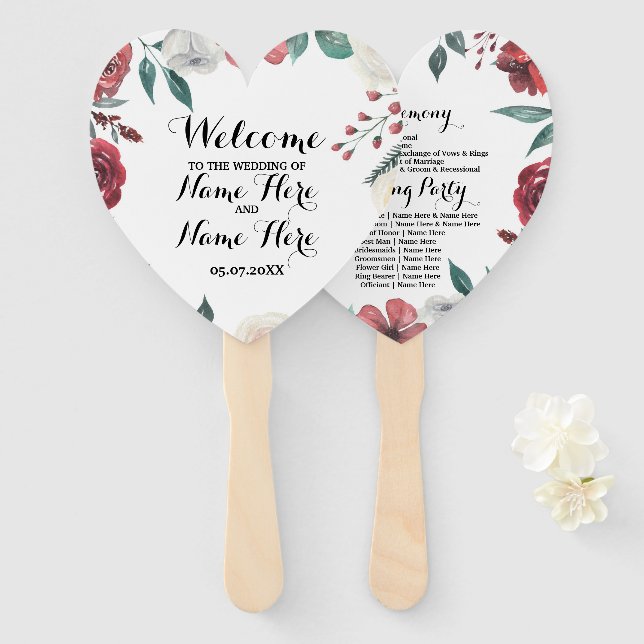 Programme Hand Fan Wedding Red Floral Foliage (Front and Back)