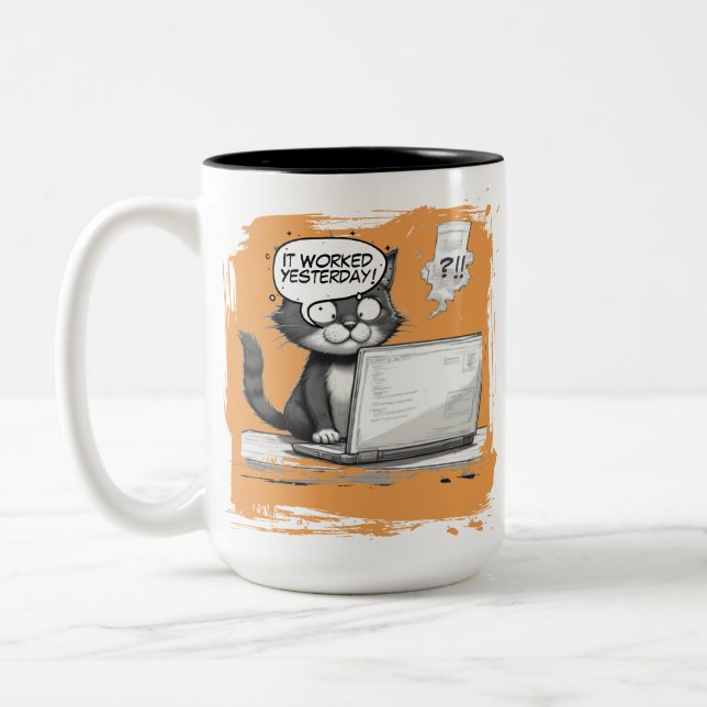 Programmer Cat Humour Debugging is Catastrophic Two-Tone Coffee Mug (Left)