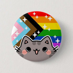 Progress LGBT Pride Flag Cat Button