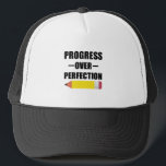 Progress Over Perfection Back To School Teacher Trucker Hat<br><div class="desc">Progress Over Perfection,  Boss Gift,  End Of School Year,  Teacher Shirt,  Motivational Shirt,  Plus Size Tshirt,  Last Day Shirt,  Inspirational Motivational Teacher T-Shirt Funny Teacher Gift</div>