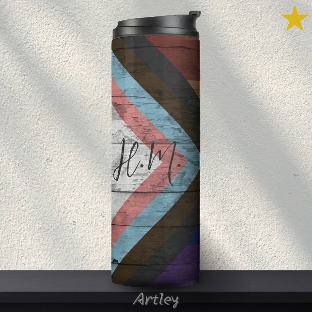 Progress Pride Flag LGBT Wood Grain Custom Name Thermal Tumbler (Creator Uploaded)