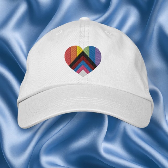 Progress Pride Heart  Embroidered Hat (Progress Pride Heart Embroidered Baseball Cap by Ricaso. LGBTQ love heart embroidery)