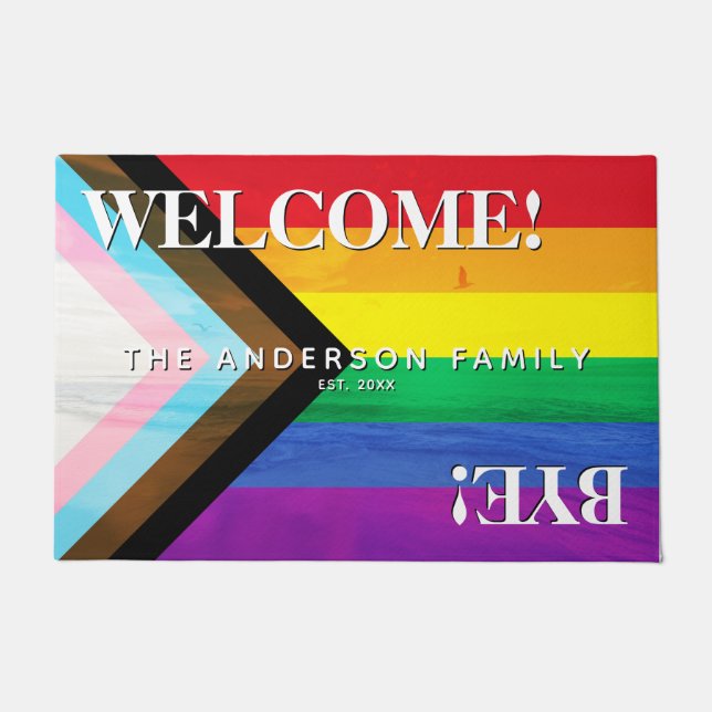 Progress Pride Rainbow Beach Personalised Welcome Doormat (Front)