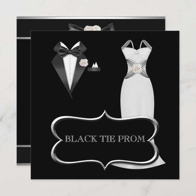 Prom High School Dance Formal White Black Tie Invitation (Front/Back)