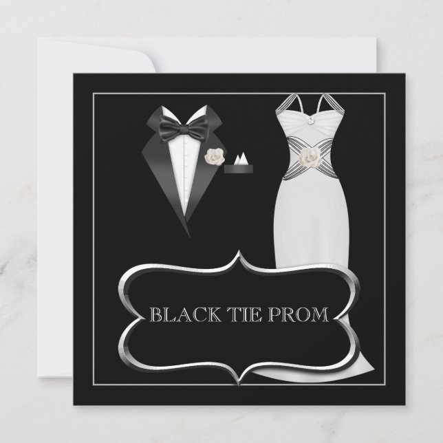 Prom High School Dance Formal White Black Tie Invitation (Front)