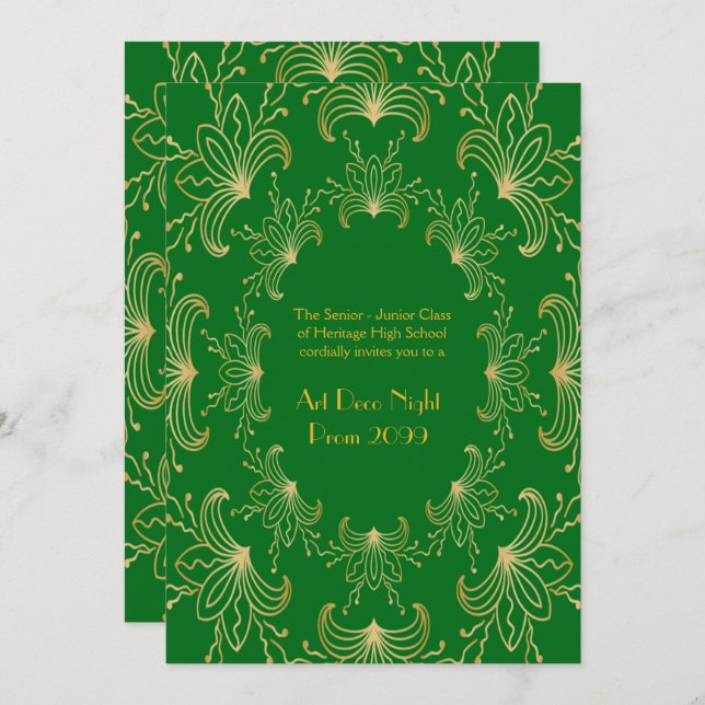 Prom Senior, Art Deco, Flowers Stylised, emerald Invitation (Front/Back)