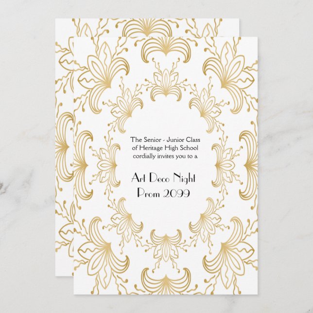 Prom Senior, Art Deco, Flowers Stylised,white gold Invitation (Front/Back)
