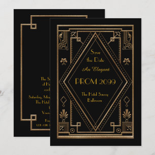 Prom Senior-Junior, Black Gold Geometric, Art Deco Invitation