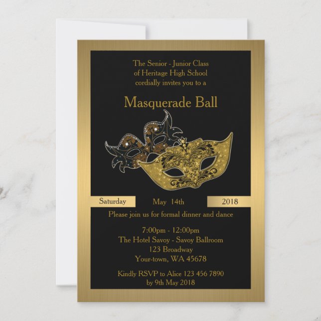 Prom Senior-Junior, black, masquerade ball mask Invitation (Front)