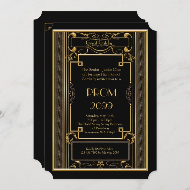 Prom Senior-Junior, Great Gatsby, gold, black Invitation (Front/Back)