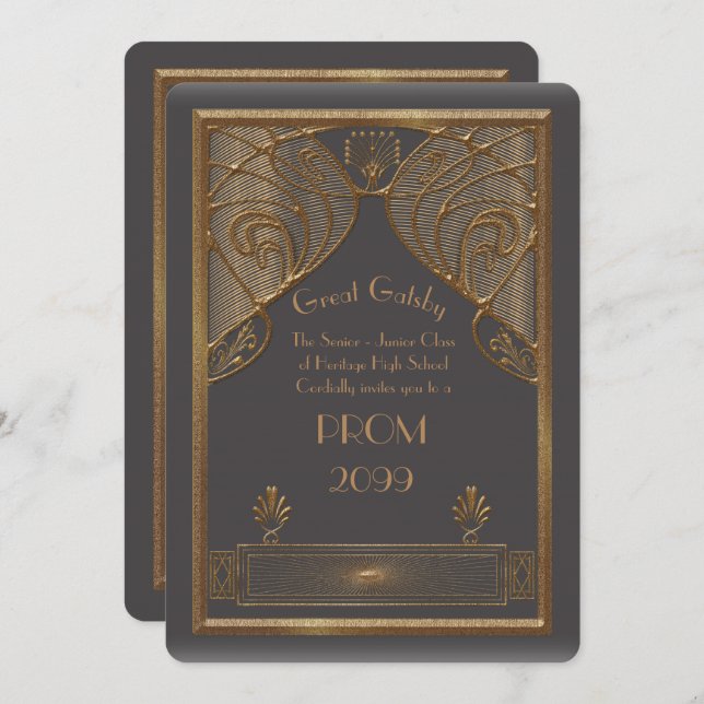 Prom Senior-Junior, Great Gatsby, gold, grey B Invitation (Front/Back)