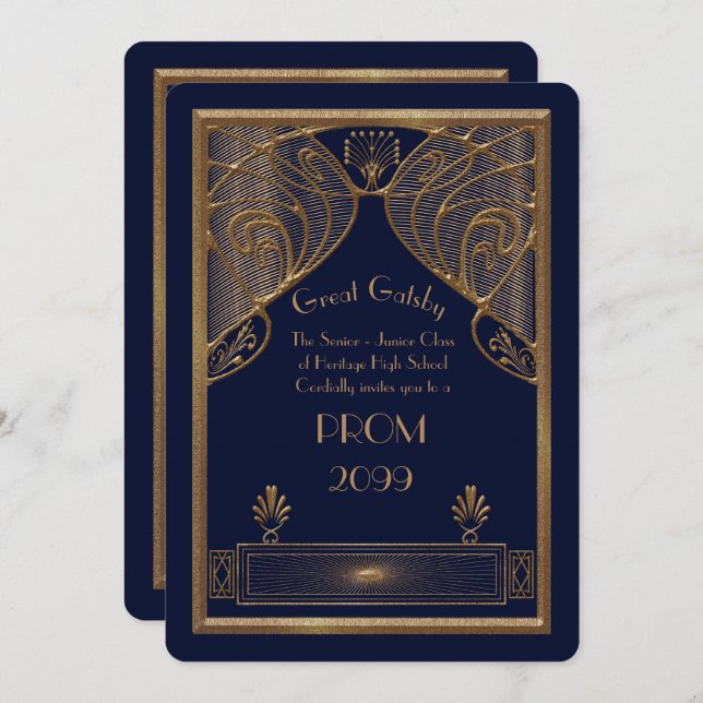 Prom Senior-Junior, Great Gatsby, gold, navy Invitation (Front/Back)