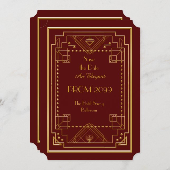 Prom Senior-Junior, Red Gold Geometric,Art Deco Invitation (Front/Back)