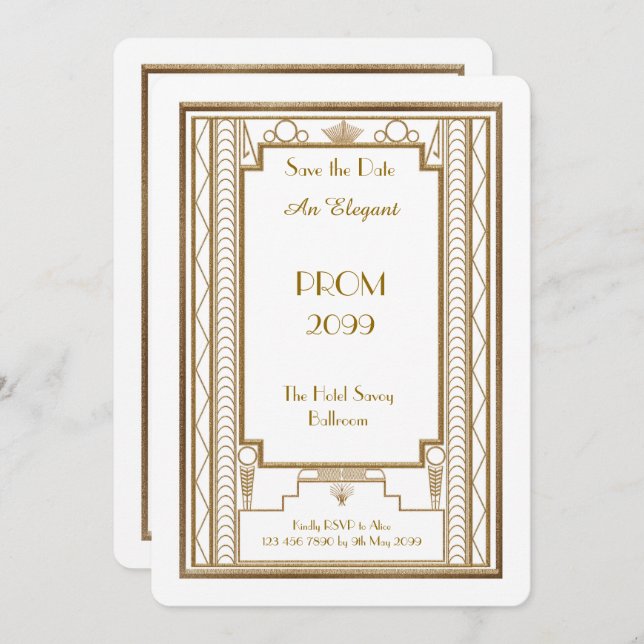 Prom Senior-Junior, white, Gold Geometric,Art Deco Invitation (Front/Back)