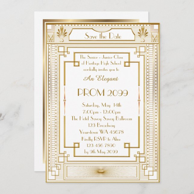Prom Senior-Junior, white Gold Geometric Emperor Invitation (Front/Back)