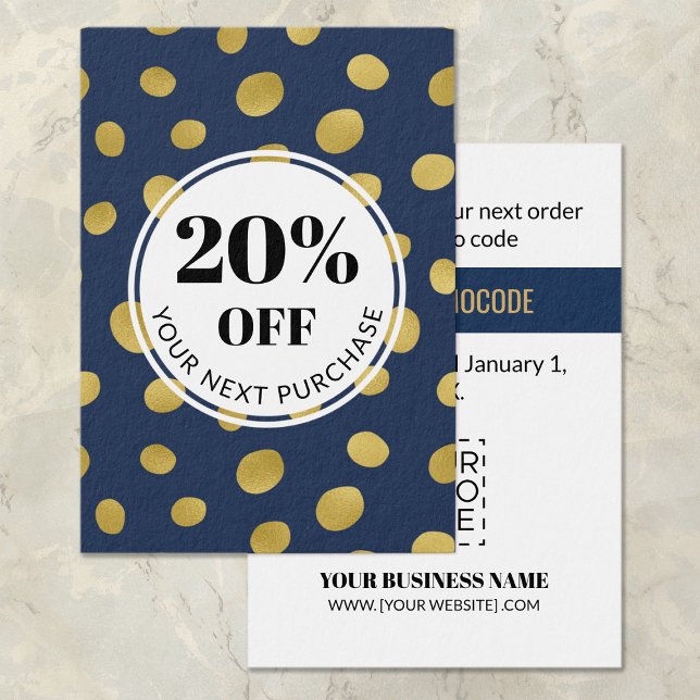 Promo Code Navy Blue Gold Circles Discount Cards (Creator Uploaded)
