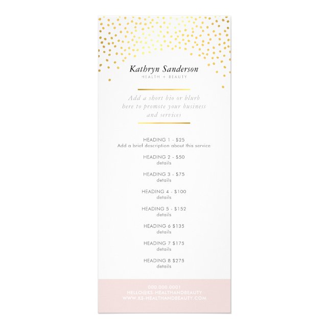PROMO PRICE SERVICE LIST chic rustic gold confetti Rack Card (Front)