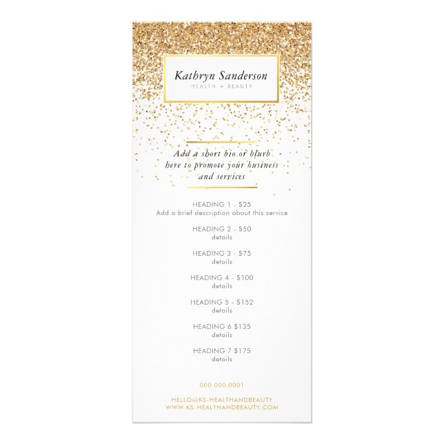PROMO PRICE SERVICES LIST chic faux gold glitter Rack Card (Front)