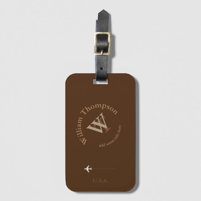 promote yourself | logo | monogram brown luggage tag (Front Vertical)