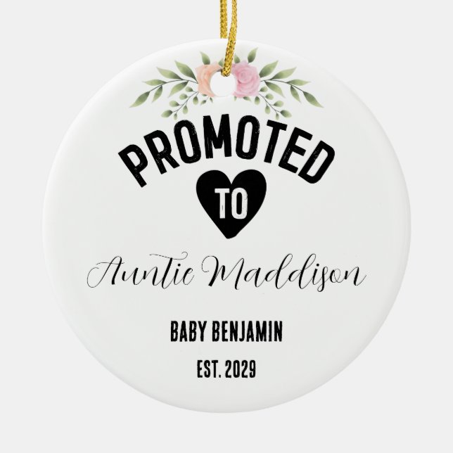 Promoted to Auntie Personalised Baby Name Ceramic Tree Decoration (Front)