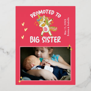 Promoted to Big Sister Unicorn Photo Gold Foil Invitation Postcard
