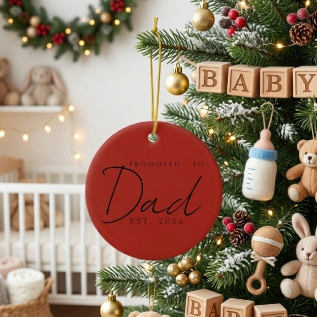 Promoted To Dad Holiday Keepsake Script Design Ceramic Tree Decoration (Creator Uploaded)