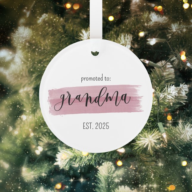 Promoted to Grandma Custom Ornament (Promoted to Grandma Ornament | Custom Pink Brush Script Design | Sweet Pregnancy Reveal Gift)