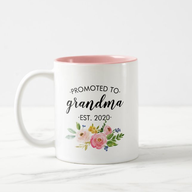 Promoted to Grandma Floral Pink Personalized Two-Tone Coffee Mug (Left)
