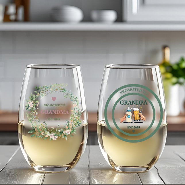 Promoted to Grandma & Grandpa 2025  Stemless Wine Glass (Creator Uploaded)