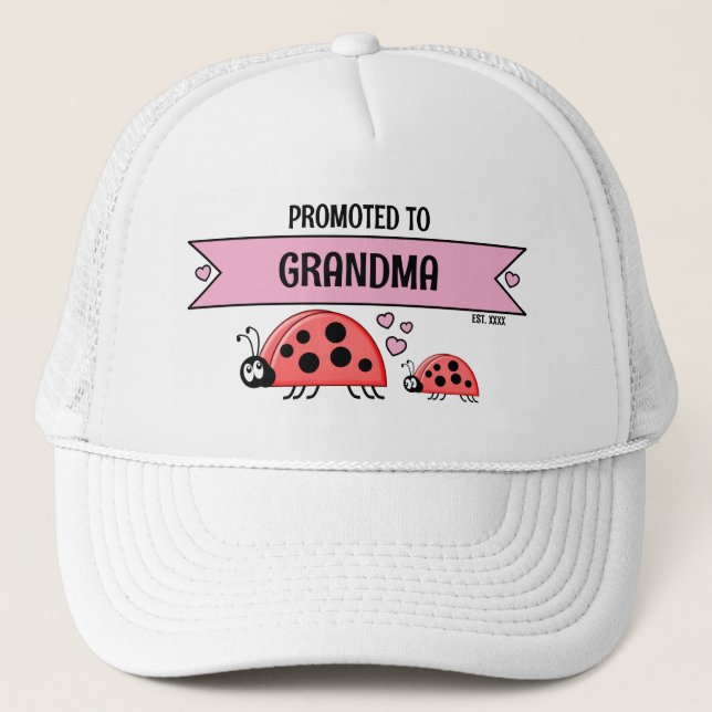 Promoted to Grandma ladybugs white pink Trucker Hat (Front)